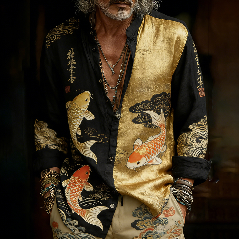 Japanese Style Lucky Koi Black Gold Spliced Casual Shirt  artssus