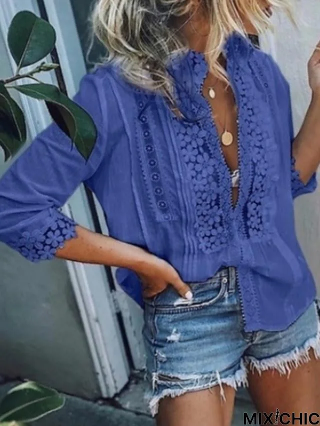 Women's Holiday Blouse Shirt Solid Colored Long Sleeve Lace Deep V Tops Lace Basic Top White Blue Blushing Pink-0207812