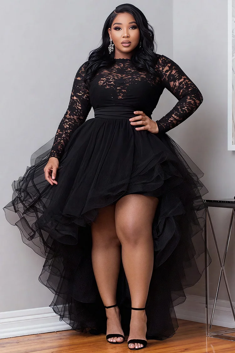 Xpluswear Design Plus Size Cocktail Party Black Round Neck Long Sleeve High Low Hem Elegant Ruffle Tulle Lace Mini Dresses [Pre-Order]