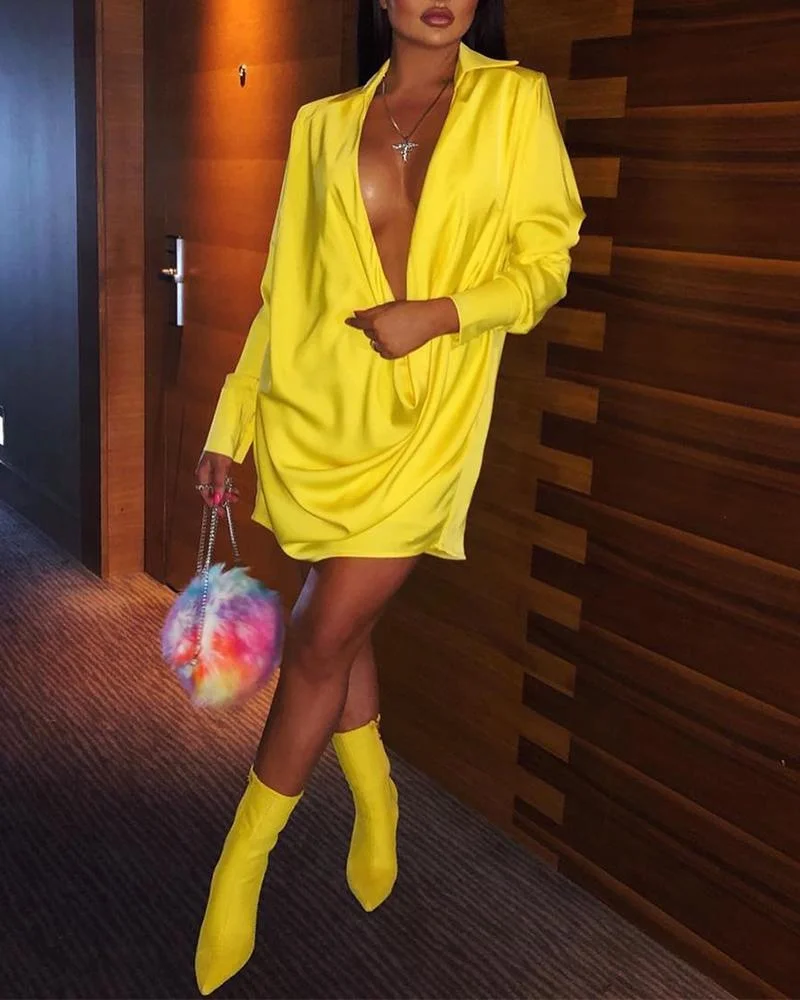 Plunge Long Sleeve Ruched Shirt Dress
