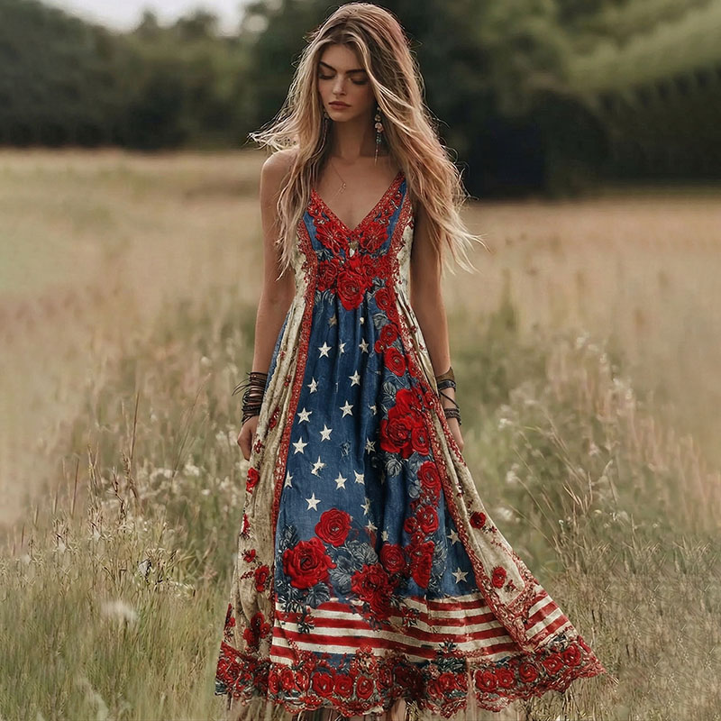  Women's Retro Independence Day Flag Rose Floral Art Linen Dress Westsshops