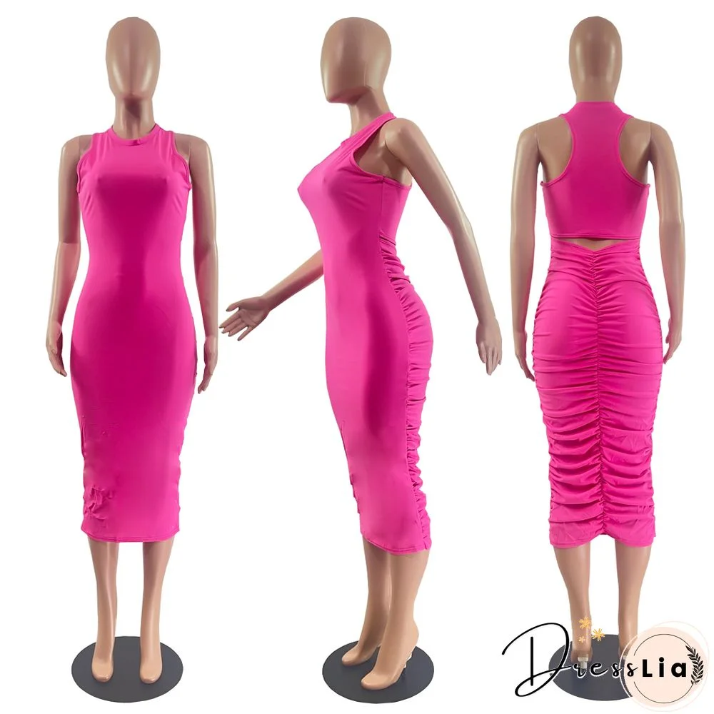 Solid Color Sleeveless Holes Draw Pleated Dresses