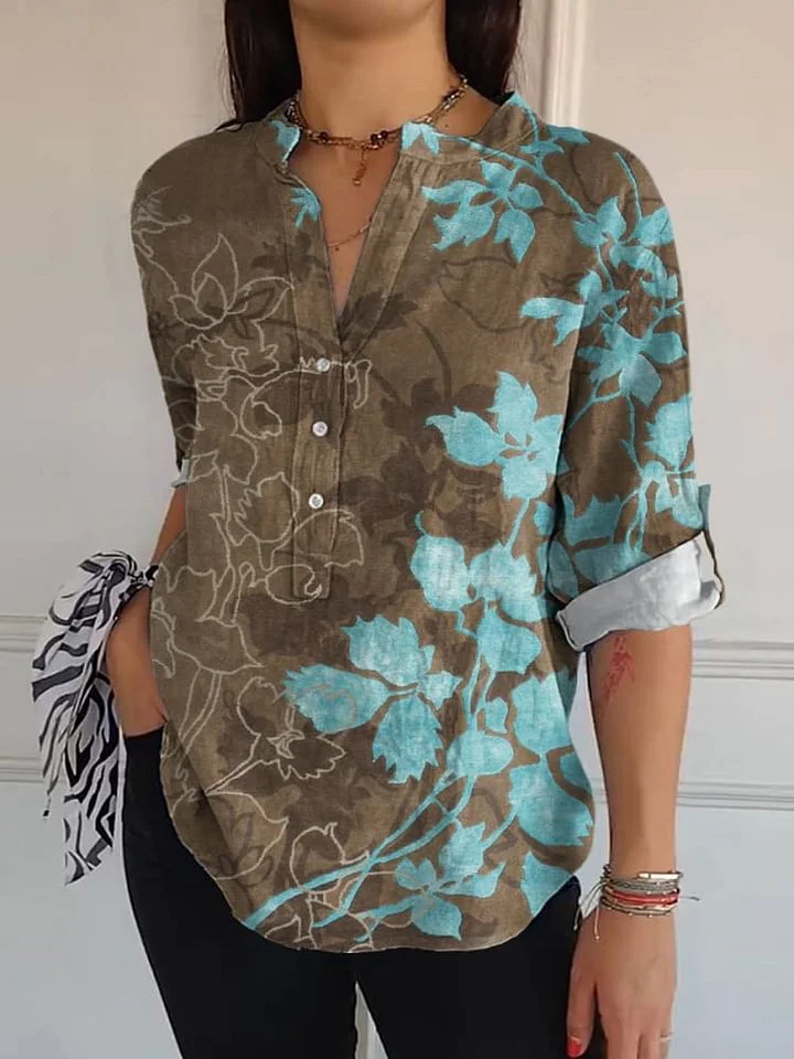 Women's Retro Floral Colorful Print Casual Long Sleeve Comfortable Cotton Shirt