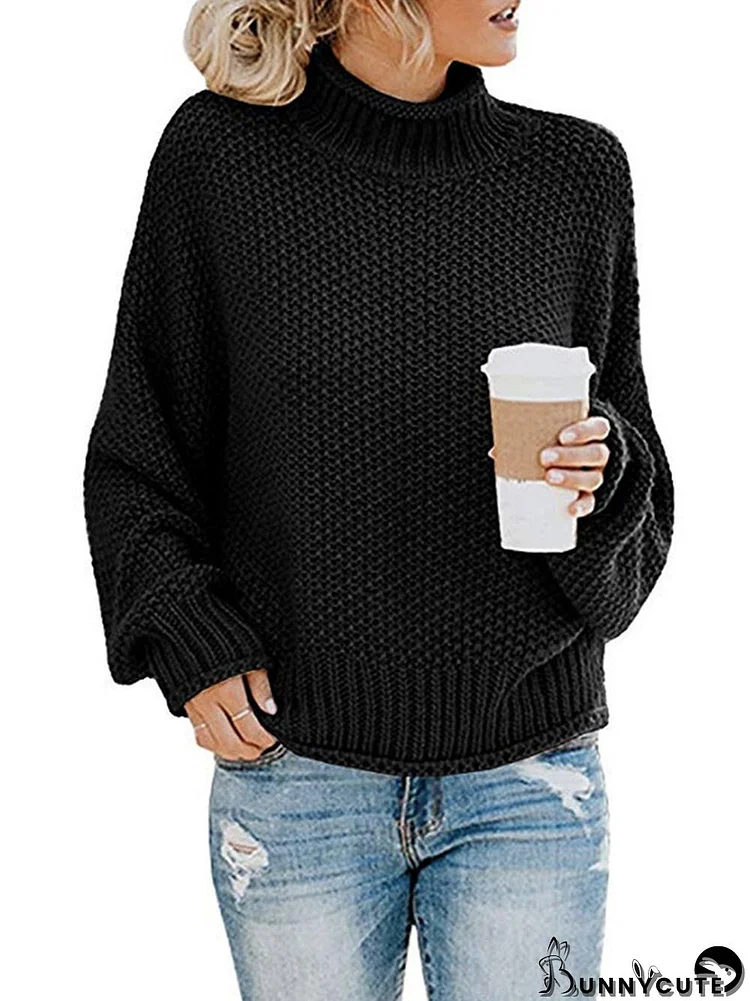 Casual Long Sleeves Solid Color High-Neck Sweater Tops