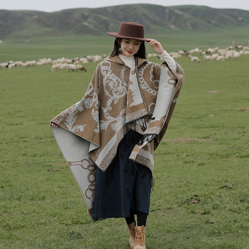 Ethnic Style Hooded Shawl Cloak Lijiang Xinjiang Tibet Northwest Tourism Wear Photograph Warm Outer Cape