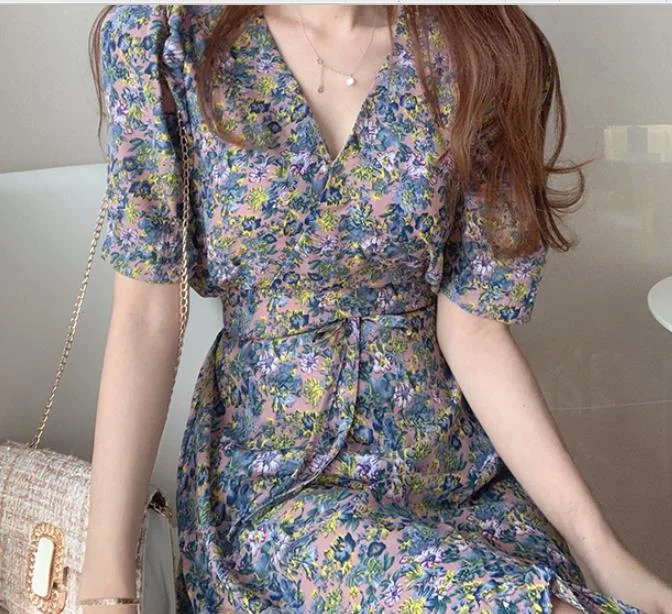 Billlnai S-XL 2023 New New Spring Dress Girls Boho Party Female Vintage Dress chiffon Print short Sleeve Women Dresses Robe Vestido