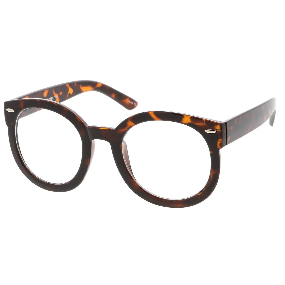 Oversize Thick Arms Round Clear Lens Horn Rimmed Eyeglasses 53mm