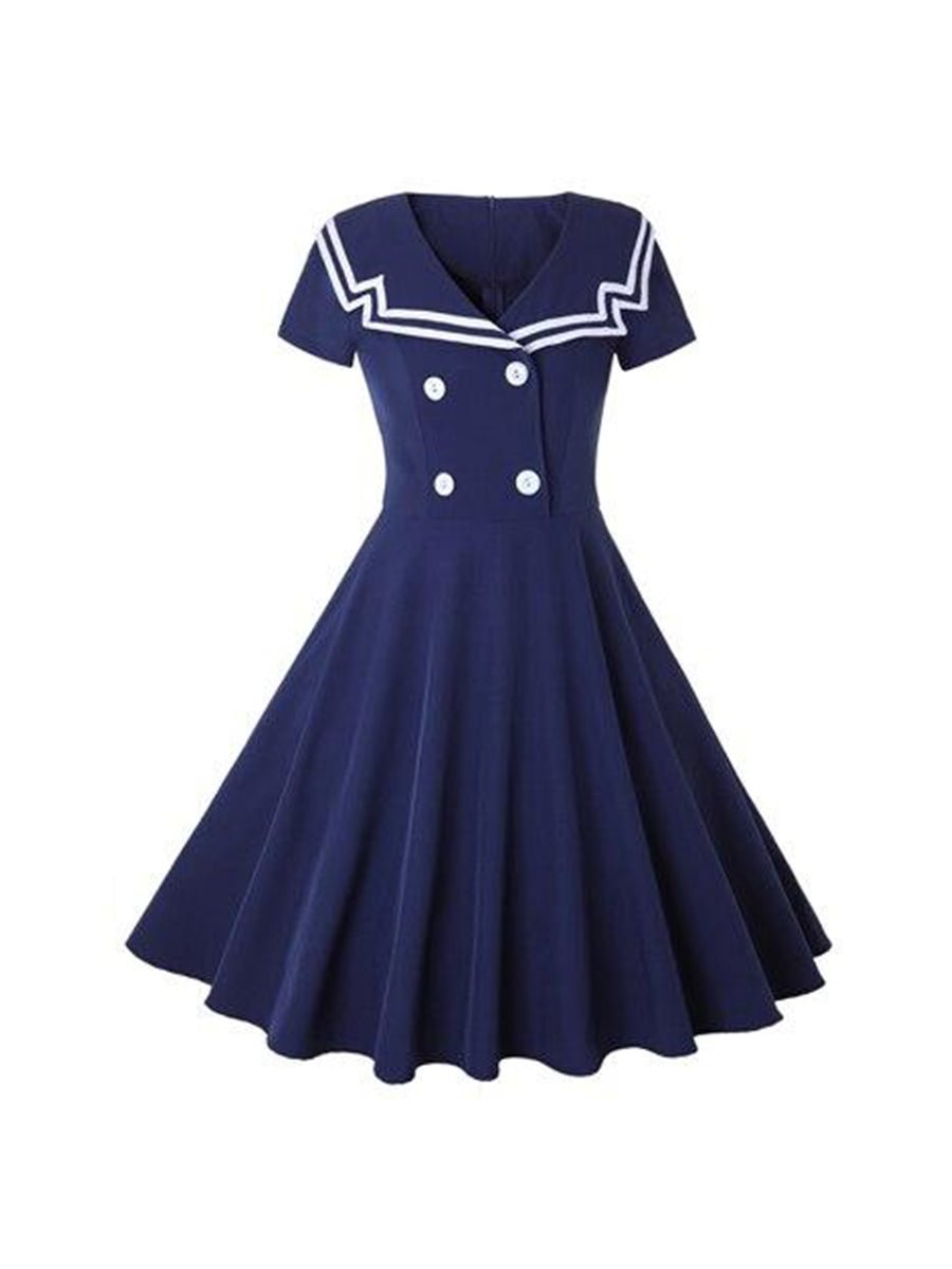 Women's Sailor Collar Vintage Summer Short Sleeve Buttons Preppy Style Dress