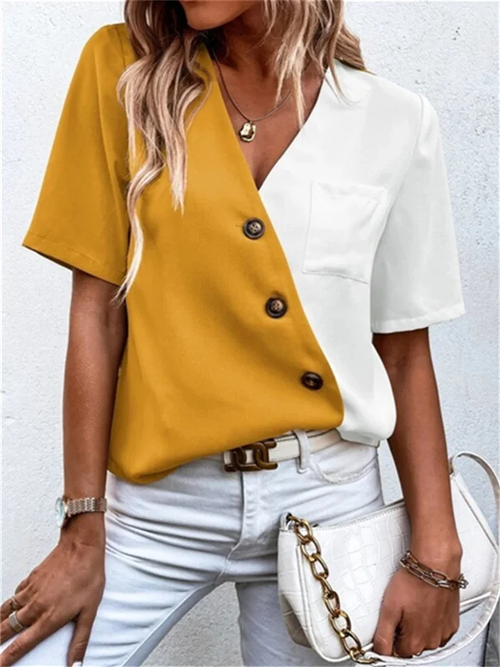 Summer New Chiffon V-neck Casual Fashion Collision Short-sleeved Shirt Female Blouse Yellow Green Blue Black Pink Khaki S M L XL 2XL-Cosfine