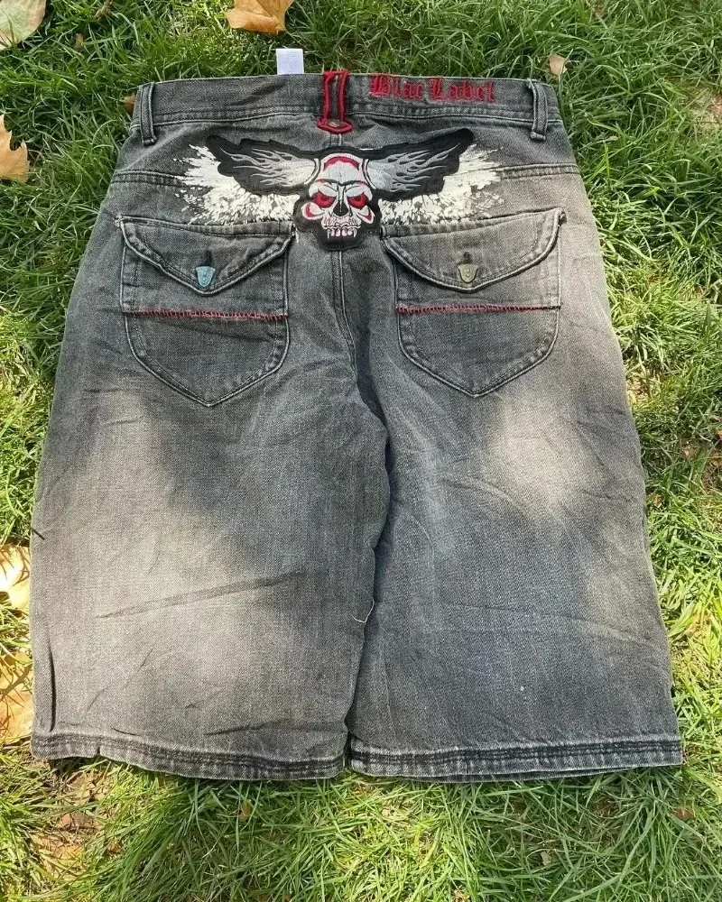 Multiplewell American Y2K New Fashion Trend Letters Embroidered Denim Shorts Men Street Hip Hop Retro Loose Jeans Couple Casual Denim Shorts