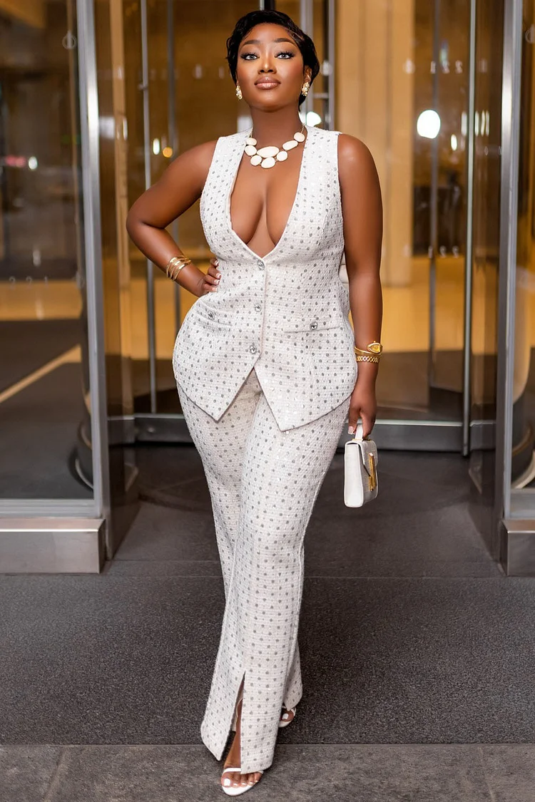Foil Polka Dot Button Up Vest Wide Leg Pants 2pcs Set-White [Pre Order]