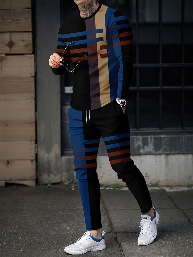 Geswet 2025 New Spring And Autumn Men's Long Sleeve T-shirt And Long Pants Set Daily Street Men's Fashion Long Sleeve T-shirt