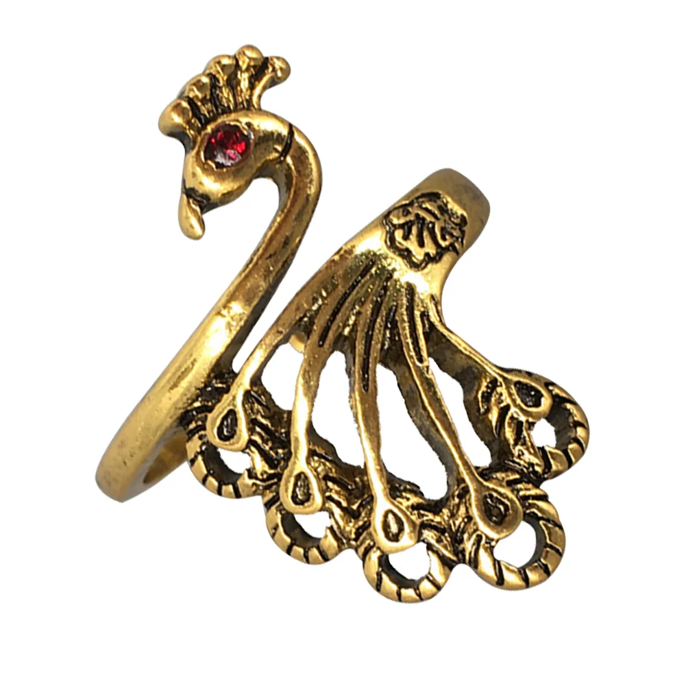 Women Vintage Alloy Ring Adjustable Thimble Crochet Loop (Red Peafowl)
