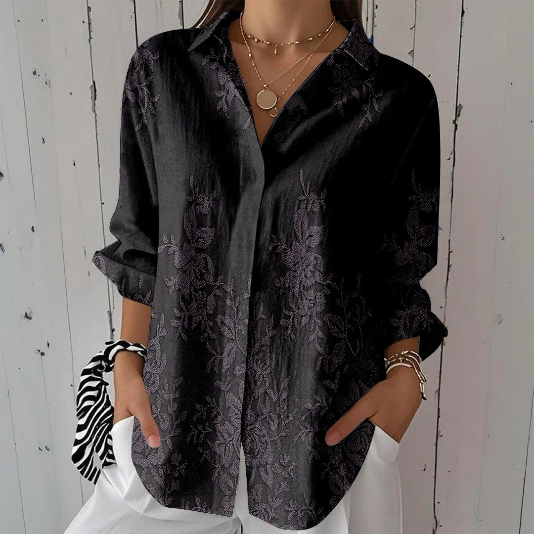 Style & Comfort for Mature Women Women Ethnic, Grey, Flowers DZCL0479 3/4 Sleeve Shirt Collar Printed Button Tops