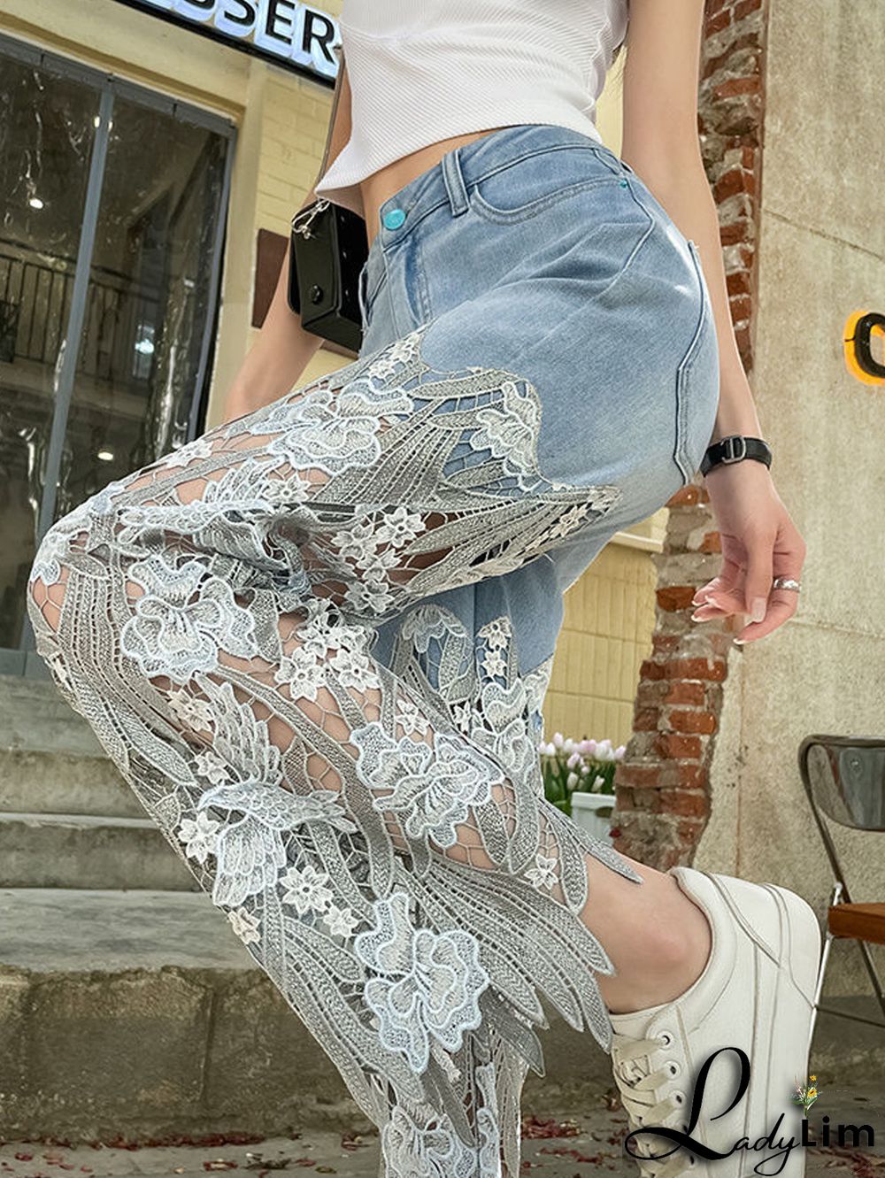 Daily Retro Floral Lace Patchwork Denim Straight Jeans