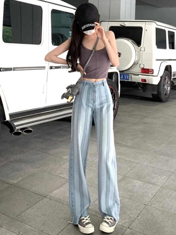 Casual High-Waisted Striped Straight Leg Jean Pants Bottoms