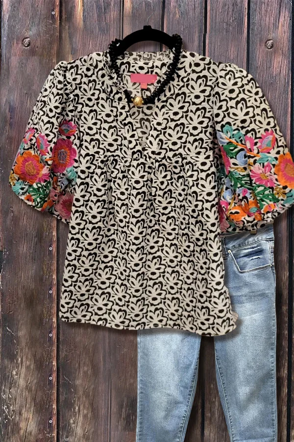 Floral Print V-Neck Embroidered Puff Sleeve Top