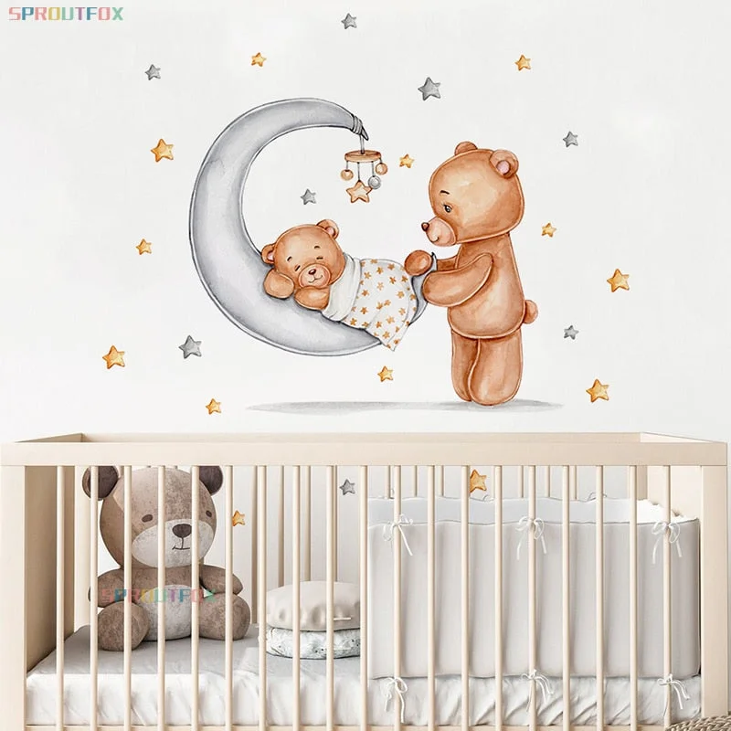 Baby Bear Good Night Wall Stickers For Kids Rooms Children's Room Animal Decorative Sticker Children Wall Stickers Child Vinyl