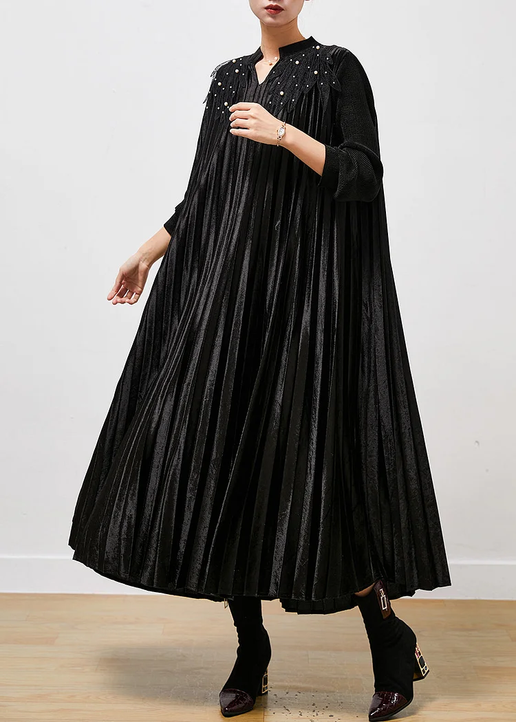 Black Silk Velour Holiday Pleated Dresses Oversized Nail Bead Spring