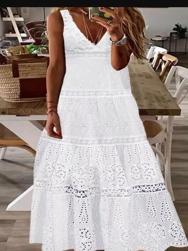 Women's Sleeveless V-neck Lace Hollow Midi Dress