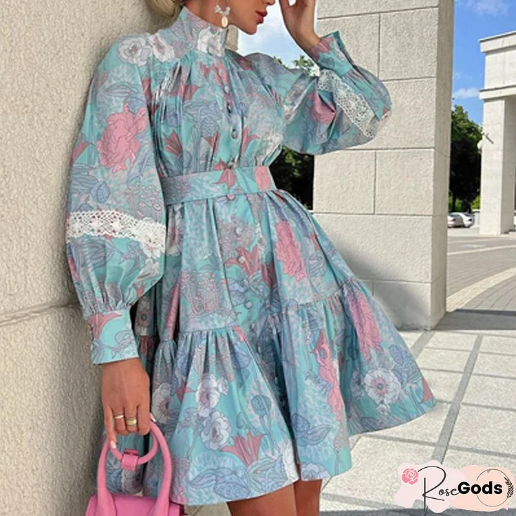 Casual Lantern Long Sleeve Waist A-Line Dress Women Fashion Turtleneck Button Loose Party Dress Elegant Flower Print Cover Up