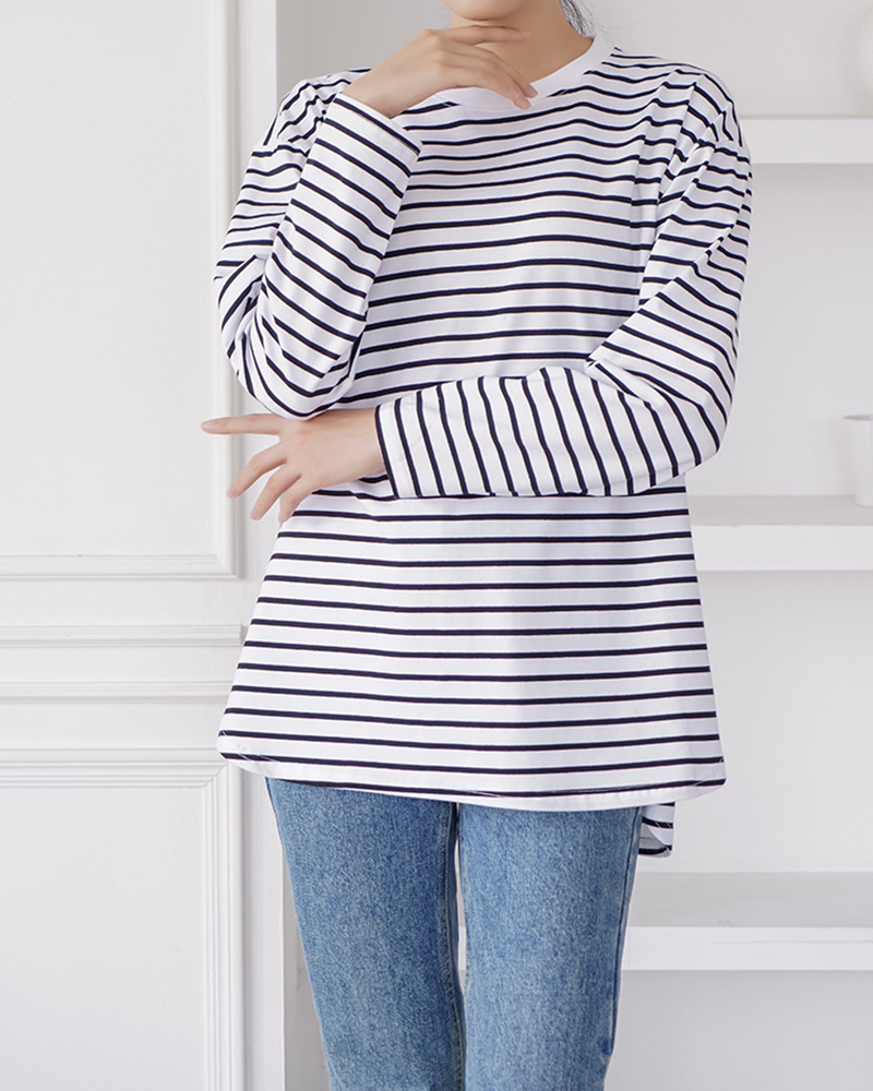 White Black Striped Round Neck Long Sleeve T-shirt