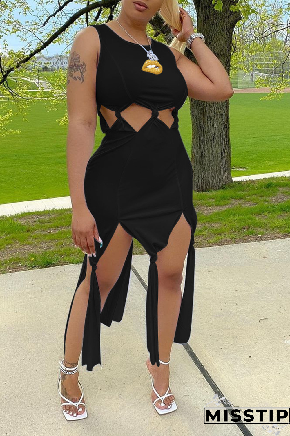 Black Fashion Lips Printed Hollowed Out O Neck Irregular Dress Dresses