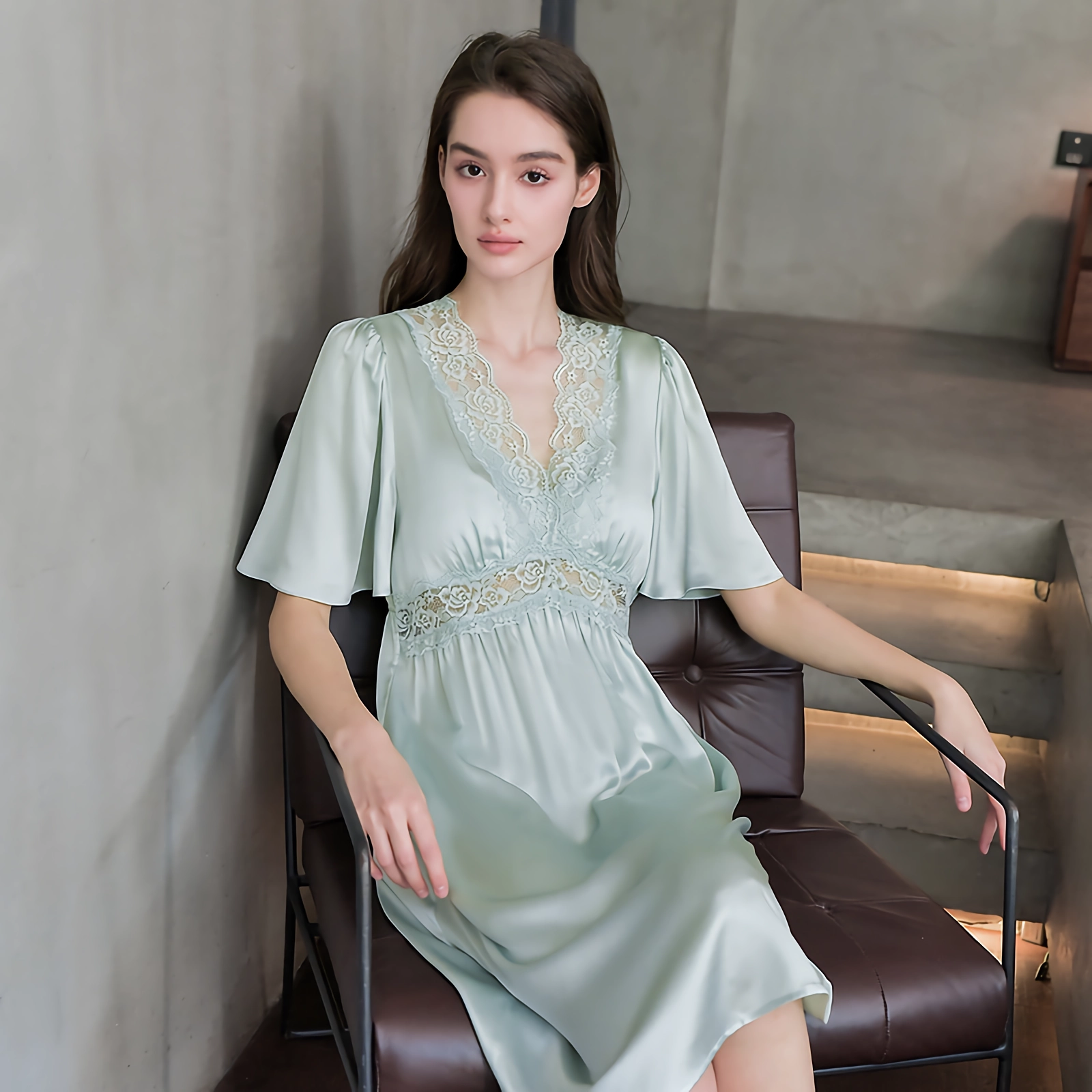 Silk Nightgown With Sleeves Lace REAL SILK LIFE
