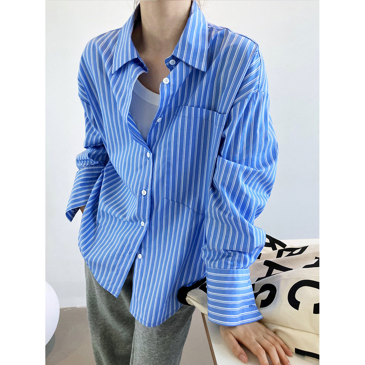 Vertical Striped Shirt for Women Spring Korean Loose BF Collared Large Pocket Long Sleeve Shirt