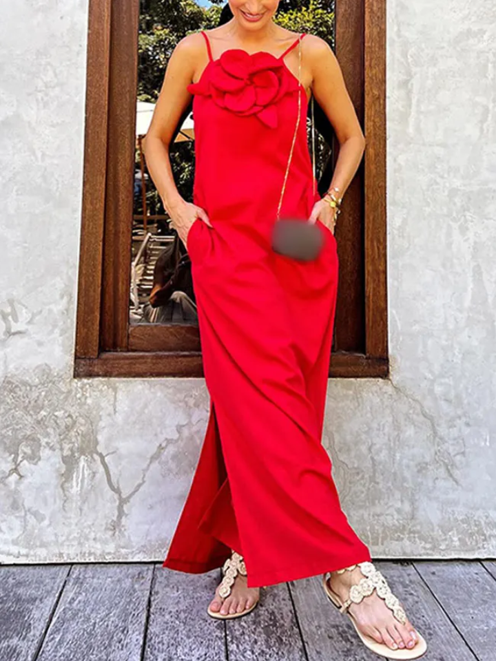 Floral Embellishment Pocketed Slit Maxi Dress