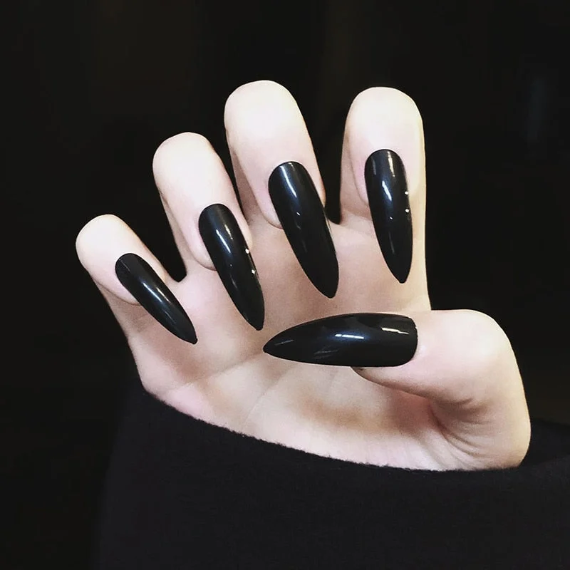 24pcs Black color press on fake nails  Elegant  Glitter Fake Gemstone False Nails Short Round Head Acrylic With Glue for girls-Nail Inspo