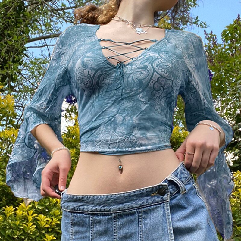 Sweetown Plant & Flowers Print Vintage Ladies T Shirts Front Cross Tie Up V Neck Sexy Mesh Tops Split Flare Sleeve Autumn Tees