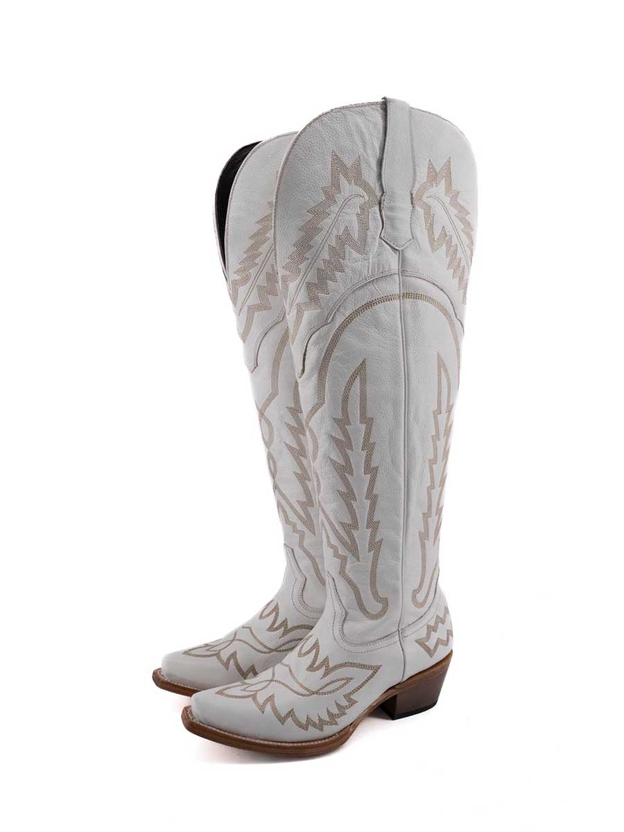 White Vegan Leather Embroidered Knee-High Block Heeled Cowgirl Boots