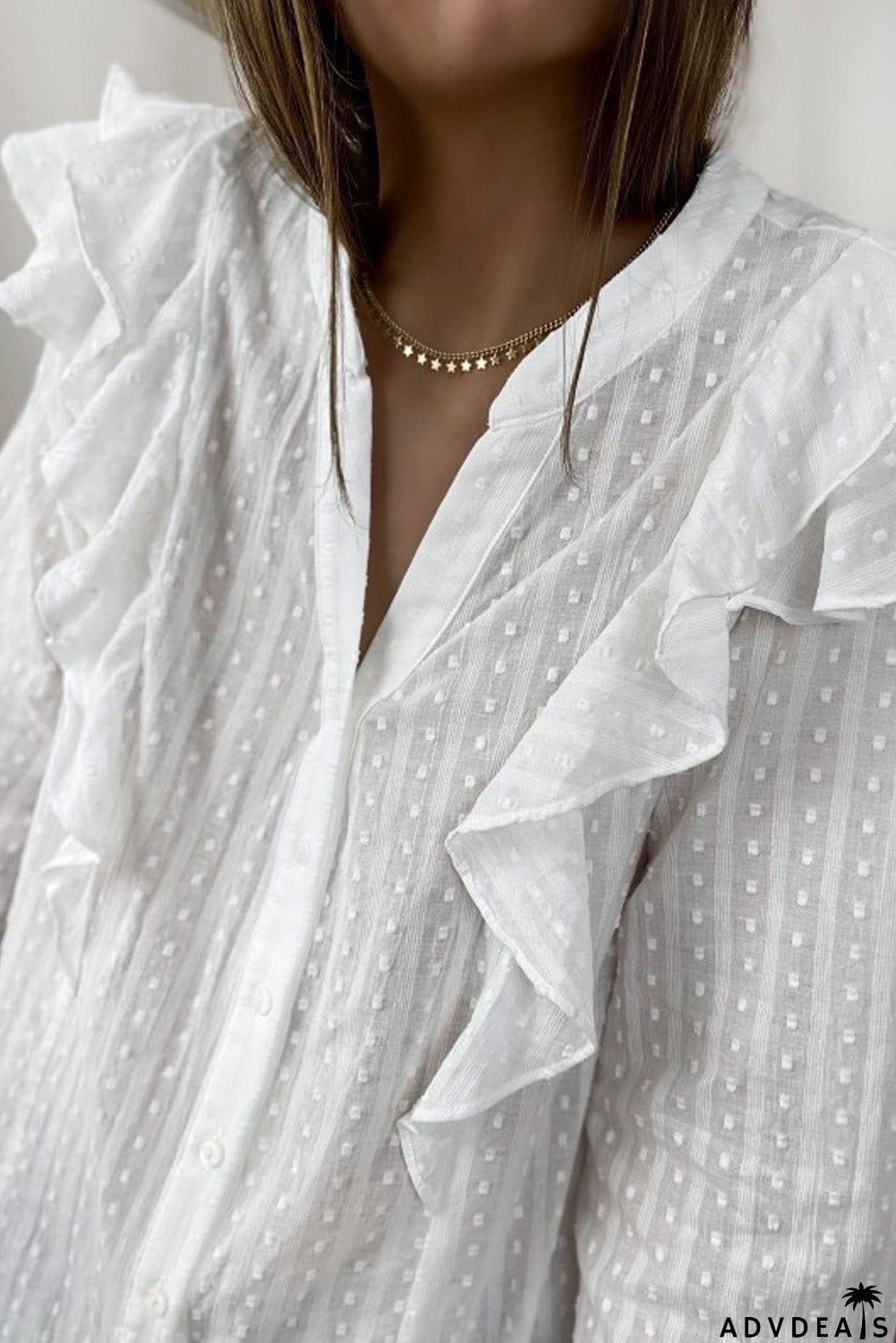 Dotted Texture Sheer Ruffles Bubble Sleeves Shirt