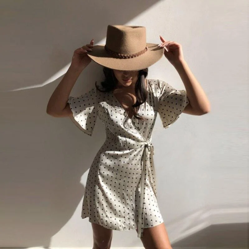 Dot Printing Satin Mini Dress  V Neck Flare Sleeve Lace up A Line Dresses 2023 Summer Holiday Beach Wrap Sundress For Women
