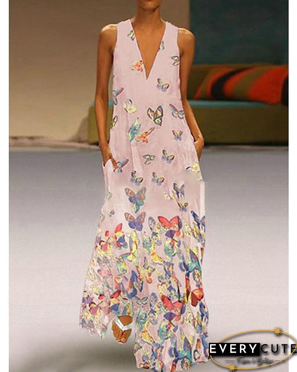 Women's A-Line Dress Maxi long Dress - Sleeveless Butterfly Animal Print Summer Deep V Plus Size Hot Casual Beach  White Purple Yellow Blushing Pink Light Blue S M L XL XXL 3XL 4XL 5XL White Dresses