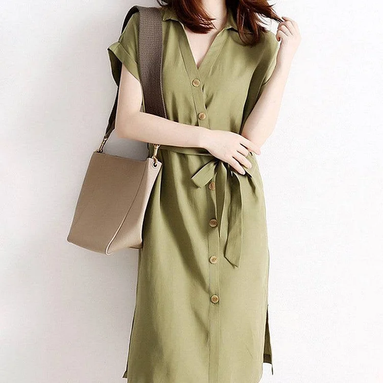 Solid Color Lace Up Shirt Dress QueenFunky