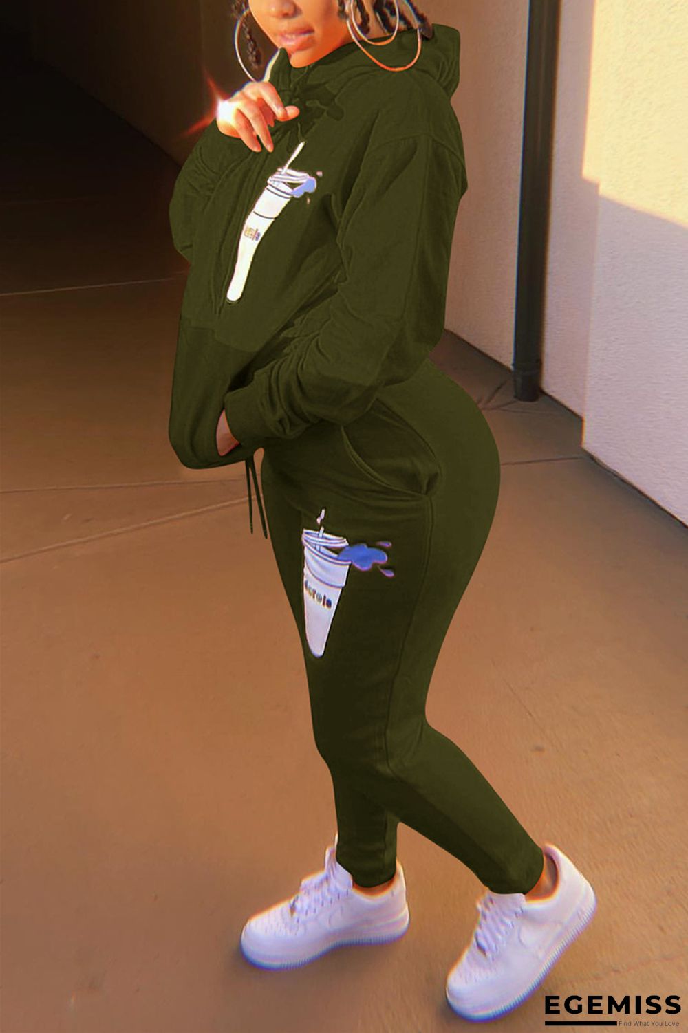 Army Green Fashion Casual Adult Letter Print Letter Hooded Collar Long Sleeve Regular Sleeve Regular Two Pieces | EGEMISS