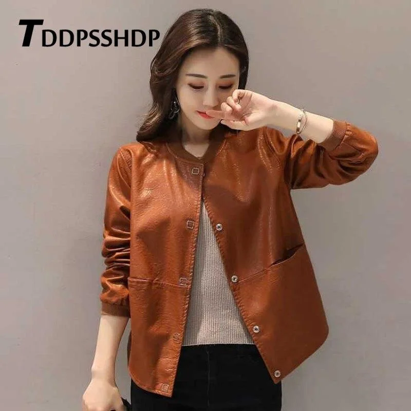 Short 2019 Spring New Loose Pu Leather Jacket Black Red Caramel Brown Color Female Coat