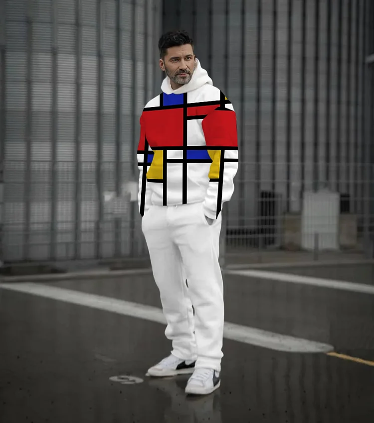 Men's Colorblock Printed Casual Sports Hoodie Set 425