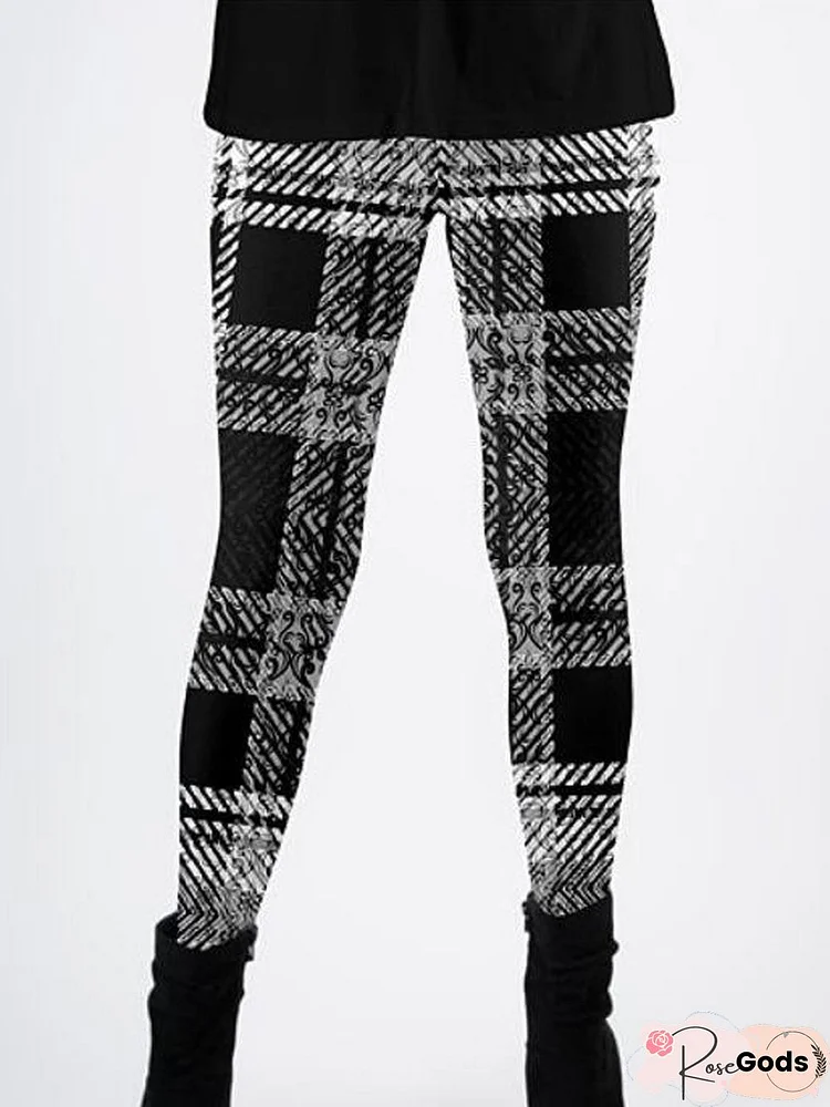 Skinny Checked/Plaid Printed Vintage Elastic Waist Leggings