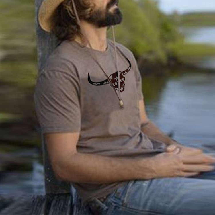 BrosWear Brown Retro Bull Head Western Print T-Shirt