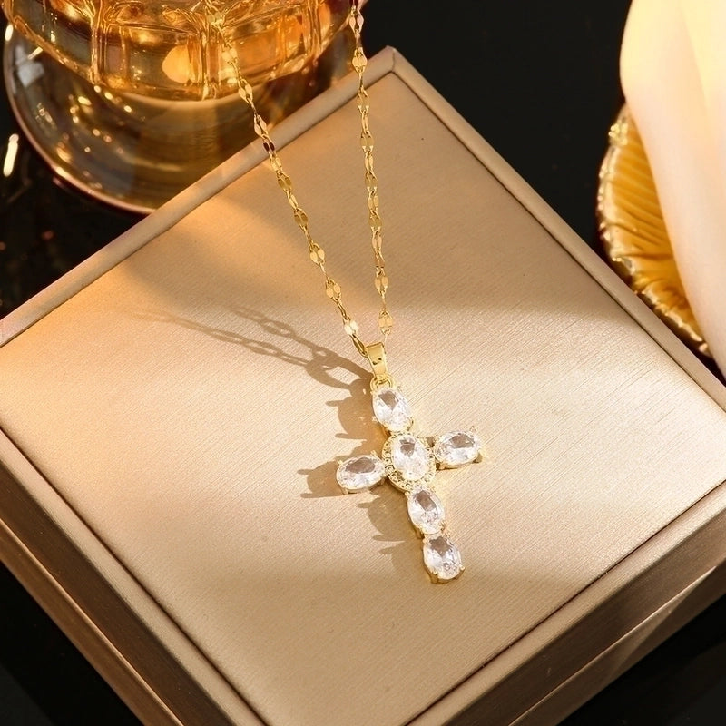 Classic Style Cross Titanium Steel Plating Inlay Rhinestones Zircon Gold Plated Silver Plated Pendant Necklace