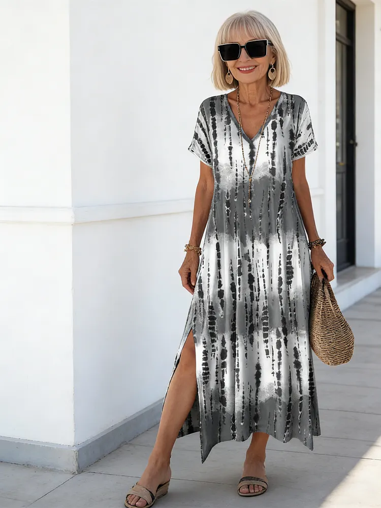 Tie Dye V-neck Dress, Elegant Split Short Sleeve Dress For Spring & Summer, Women's Clothing