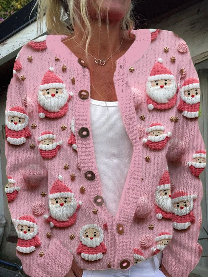 Women's Christmas Santa Print Knit Cardigan