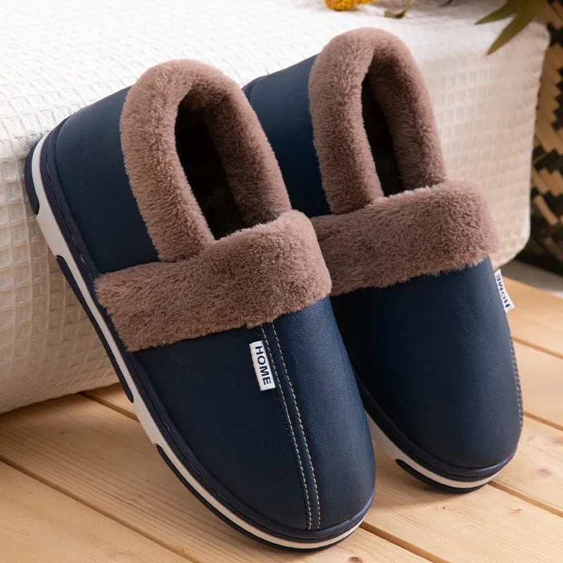 Men Shoes PU Leather Slippers Men's Indoor Home Warm Shoes Waterproof Non-Slip Cotton-Padded Solid Color Slipper Shoes