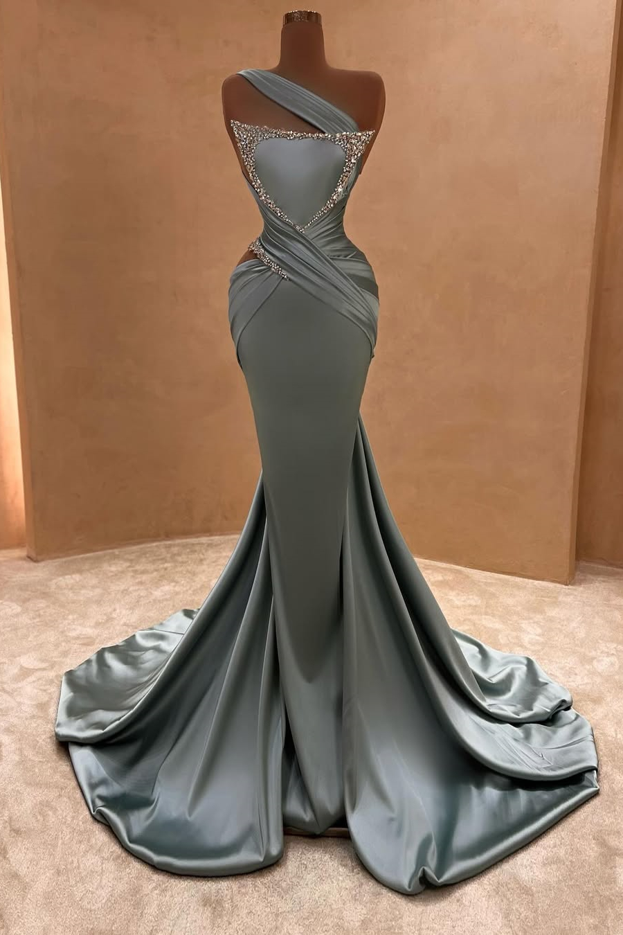 Bellasprom Silver One Shoulder Sleeveless Mermaid Prom Dress With Crystals Beadings Ruffles Bellasprom