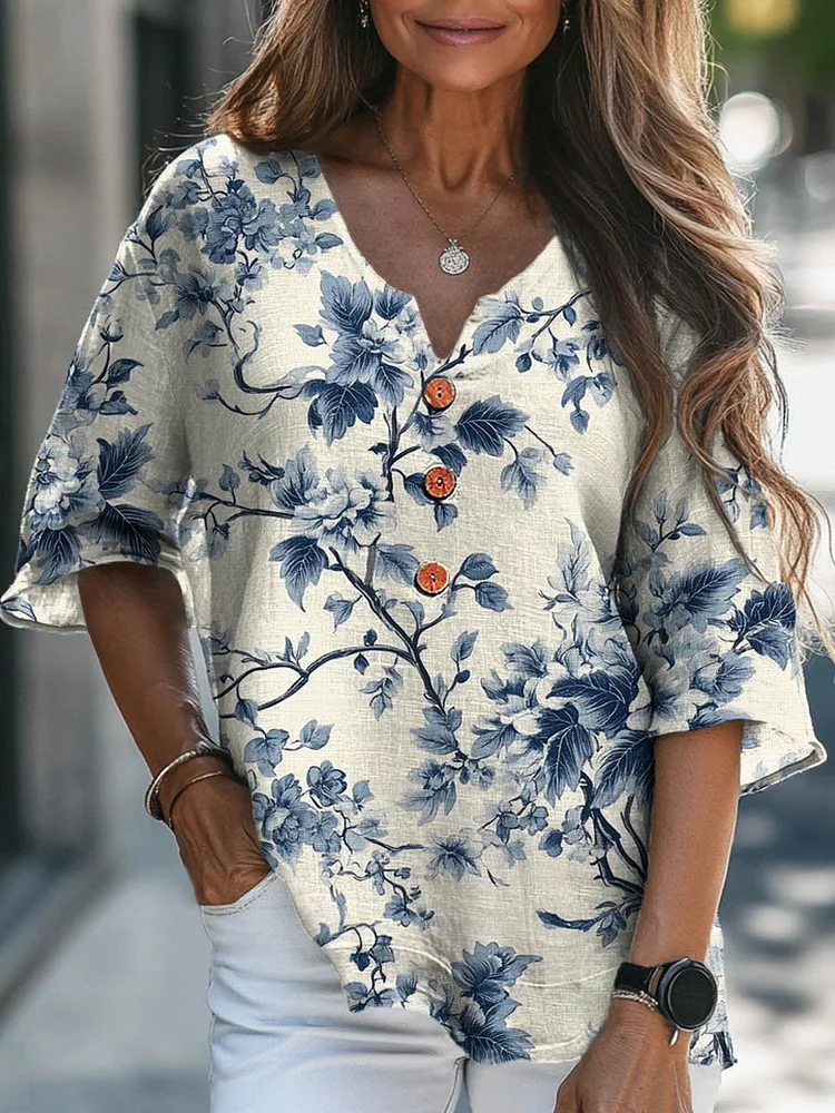 Women's Vintage Lovely Floral Art Print Casual Cotton Linen V-neck Shirt