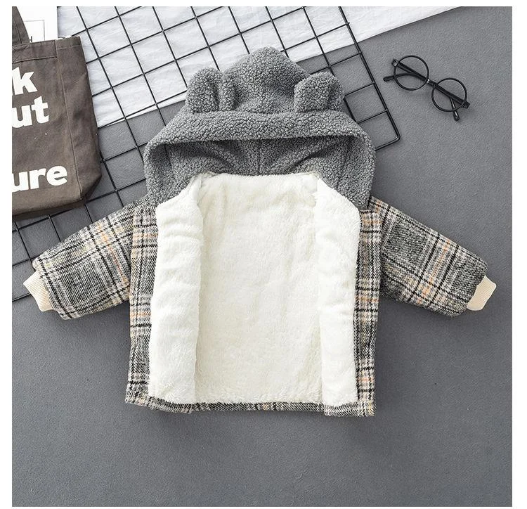 Baby Boy's coat  0-5 years old spring and autumn jacket padded jacket children's Plaid hood jacket Cartoon embroidered bear