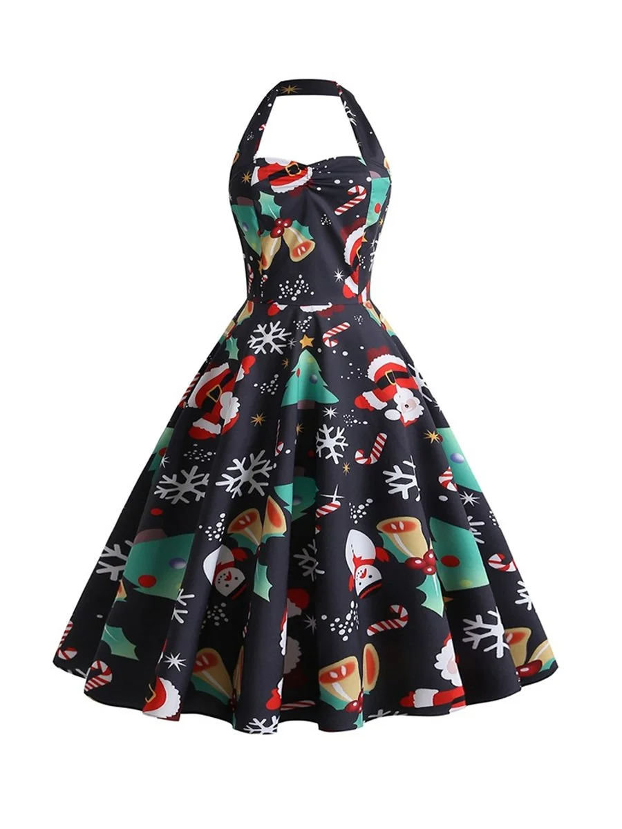 Women's Christmas Dress Vintage Halter High Waist Printed Swing Dress